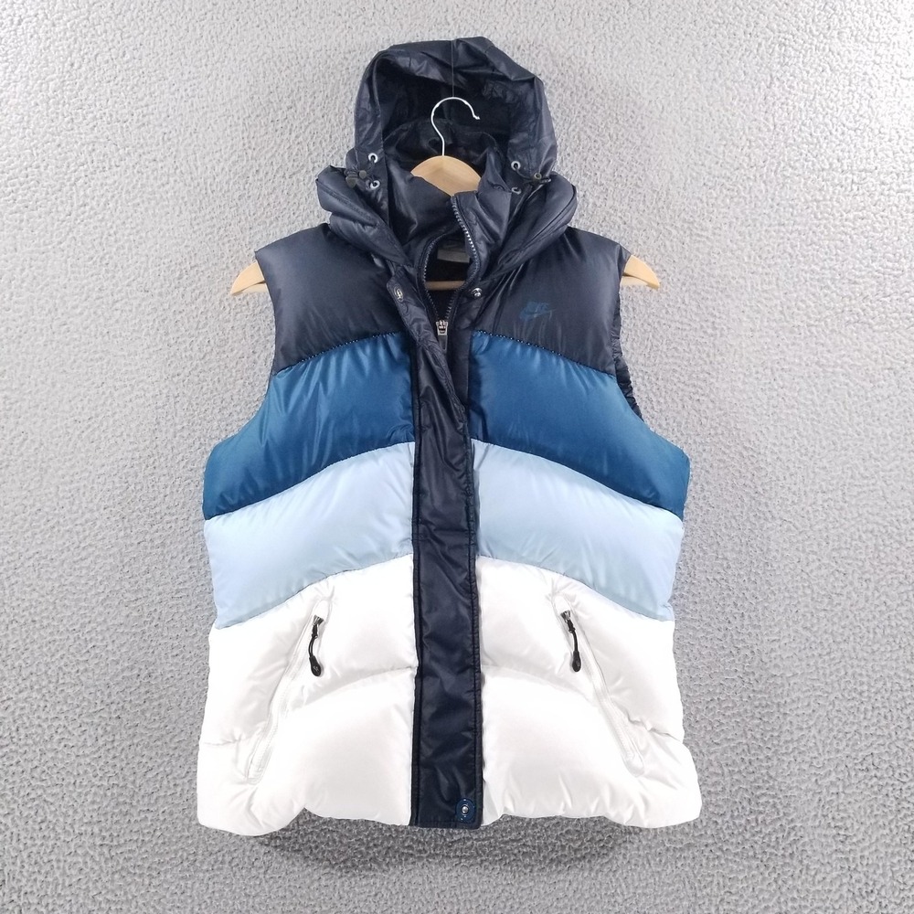 Nike Sportswear Down Puffer Vest Womens Medium Blue White Hooded Gillet Outdoor